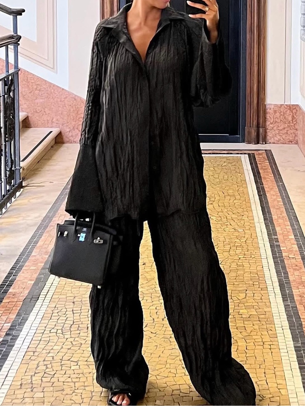 LE Local European Black Crinkle Oversized Slouchy Pant Set size small